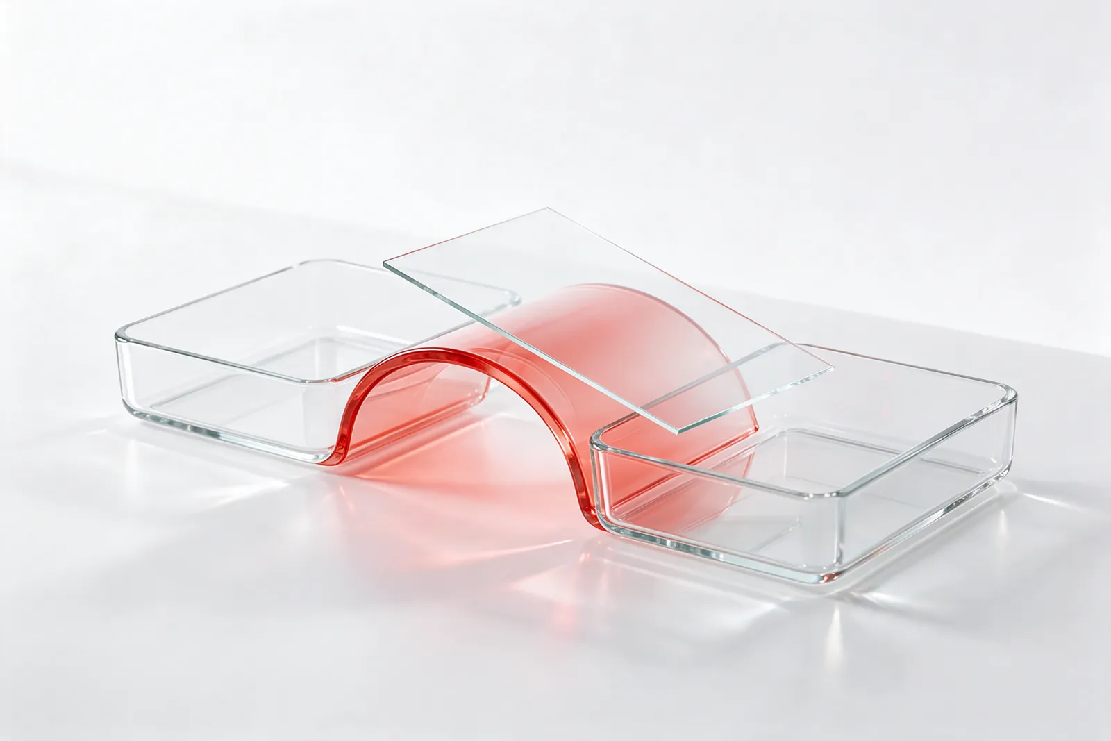A glass sheet sliding from one clear glass tray to another along a coral-red glass ribbon: work handed from one agent to the next.