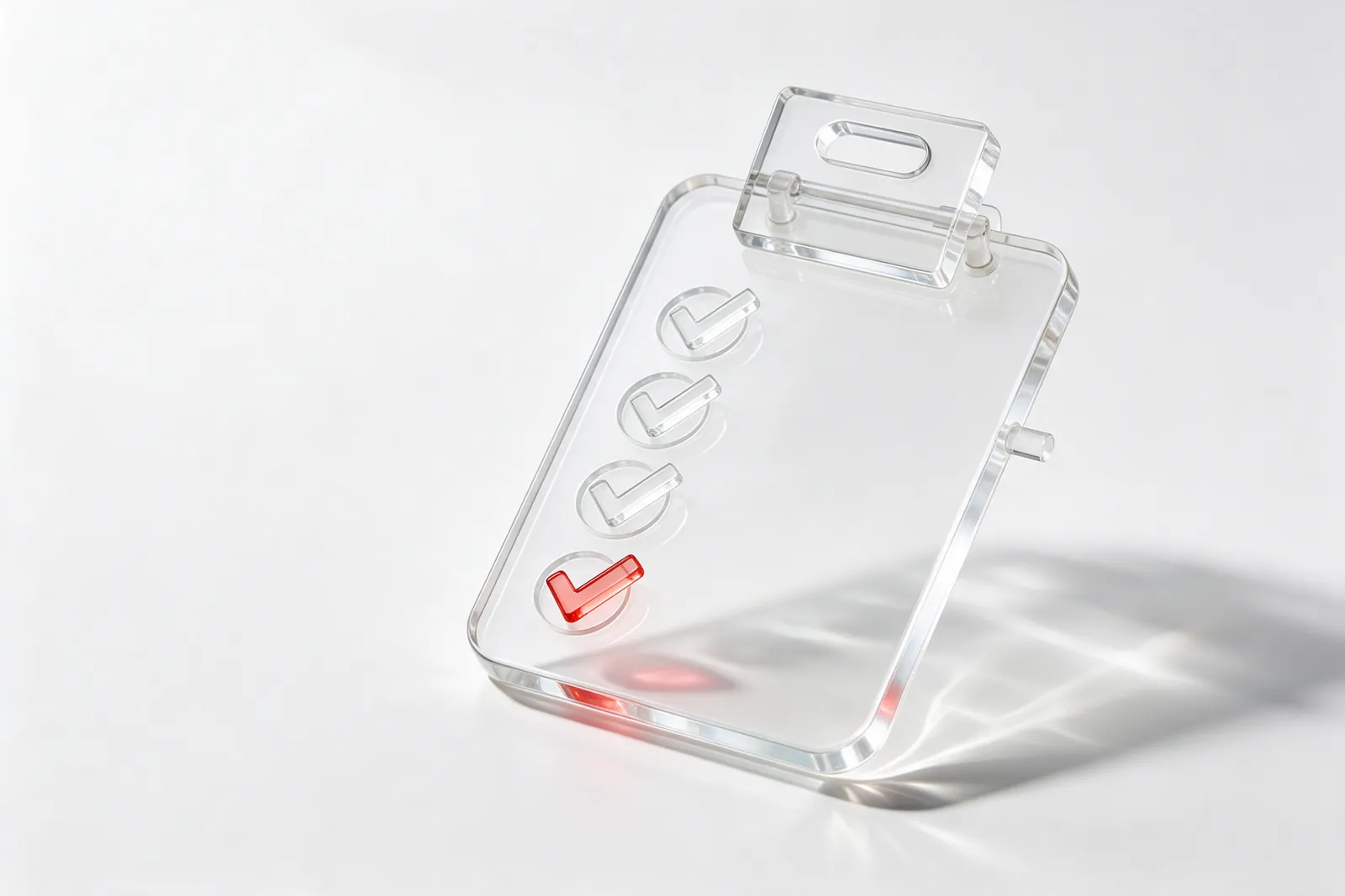 A clear glass clipboard with a checklist, the last check mark in coral-red glass: a short routine before sending a document.