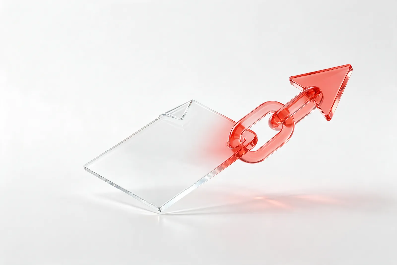 A clear glass document sheet turning into a coral-red glass chain with an arrow: a document becomes a live link.