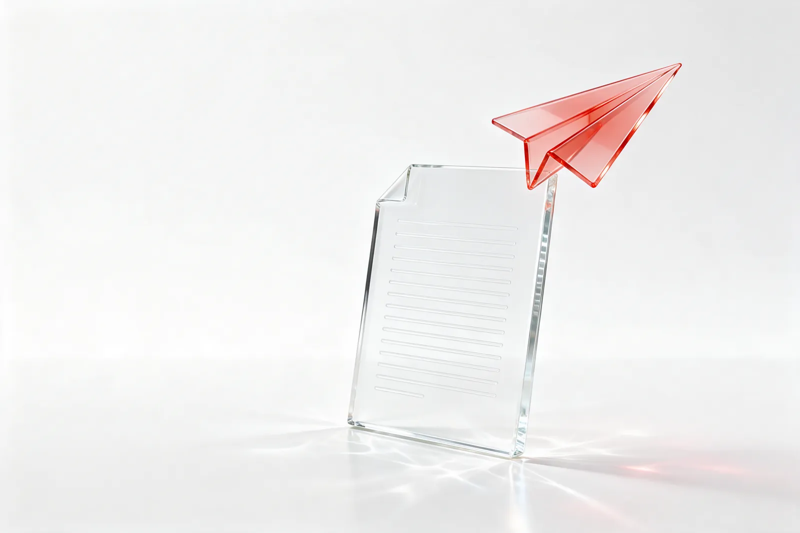A clear glass document with a coral-red glass paper plane lifting off it: a proposal on its way to the client.