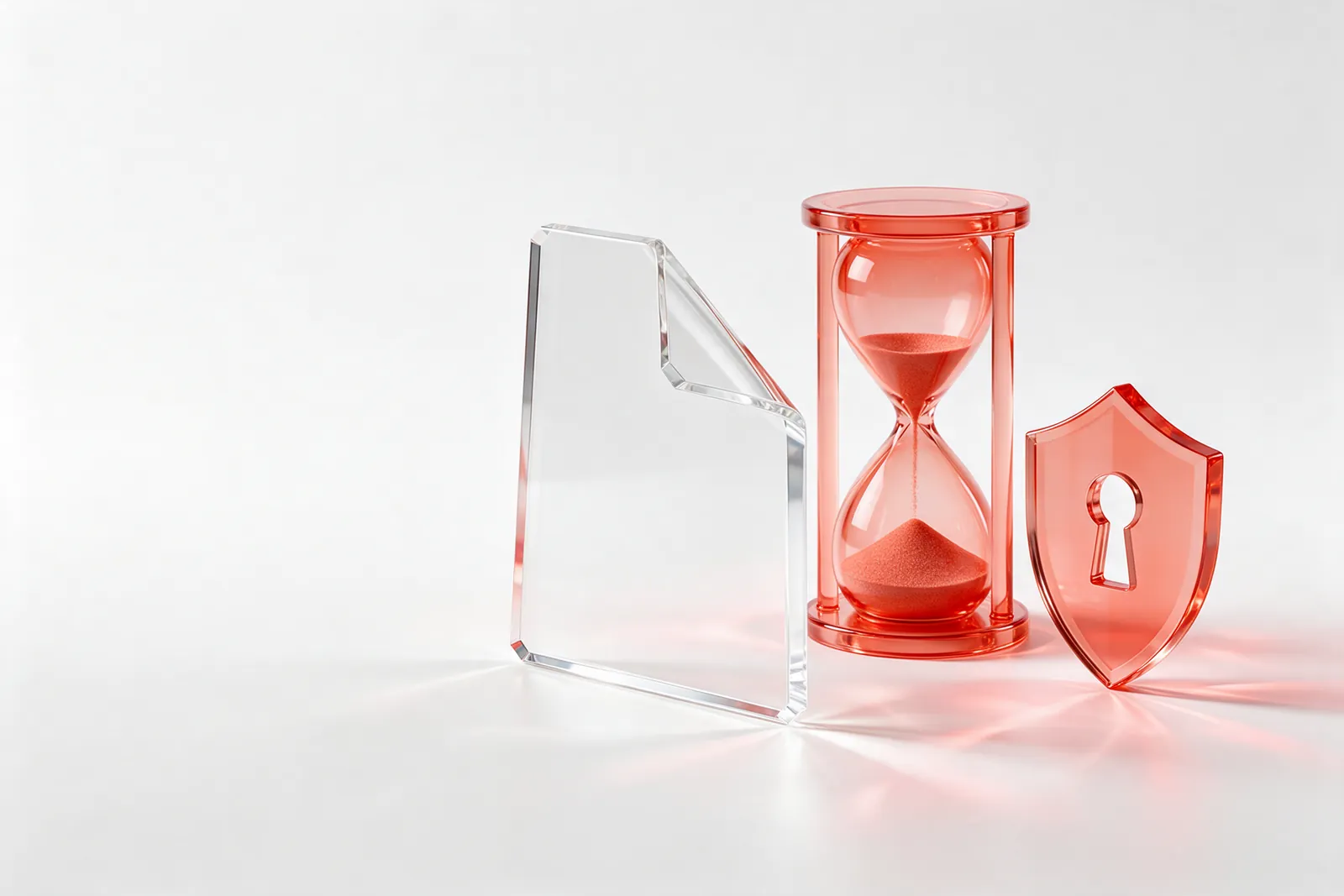 A clear glass document page beside a coral-red glass hourglass and a shield with a keyhole: a protected document with an end date.