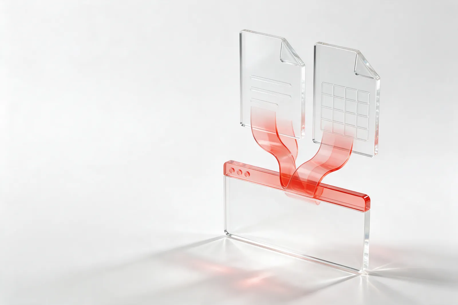 A glass text document and a glass spreadsheet flowing through coral-red ribbons into a glass browser window: Word and Excel files opening in the browser.