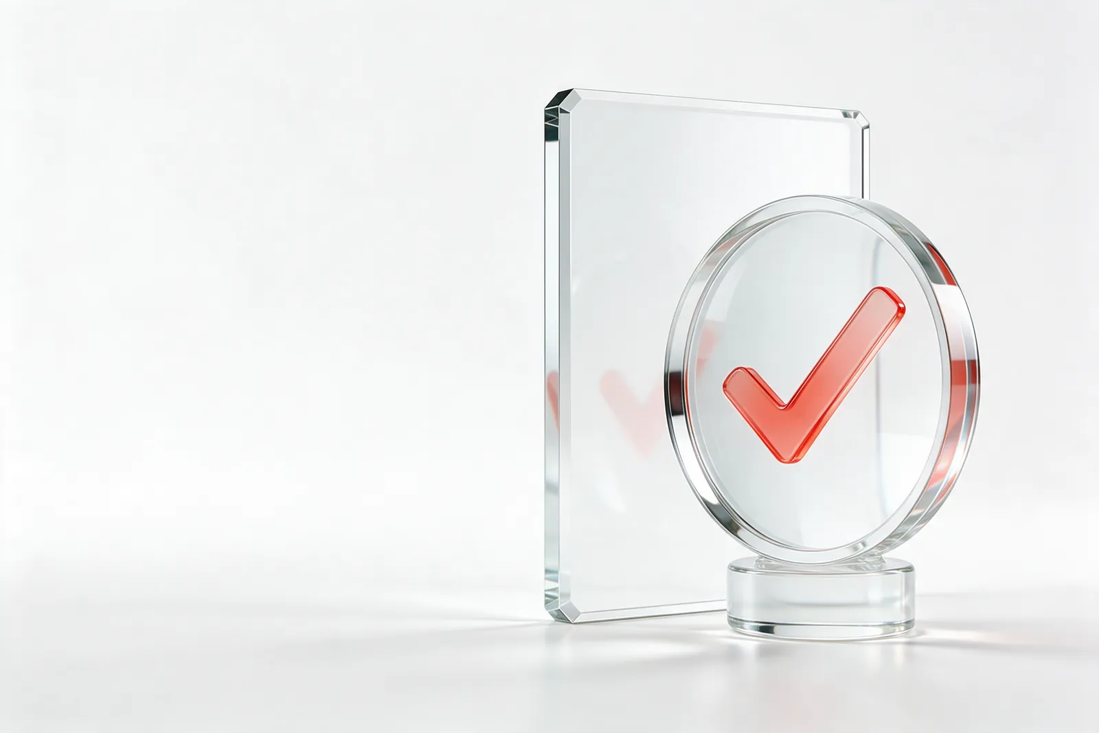 A clear glass document behind a round glass lens that magnifies a coral-red check mark: a view that actually happened.