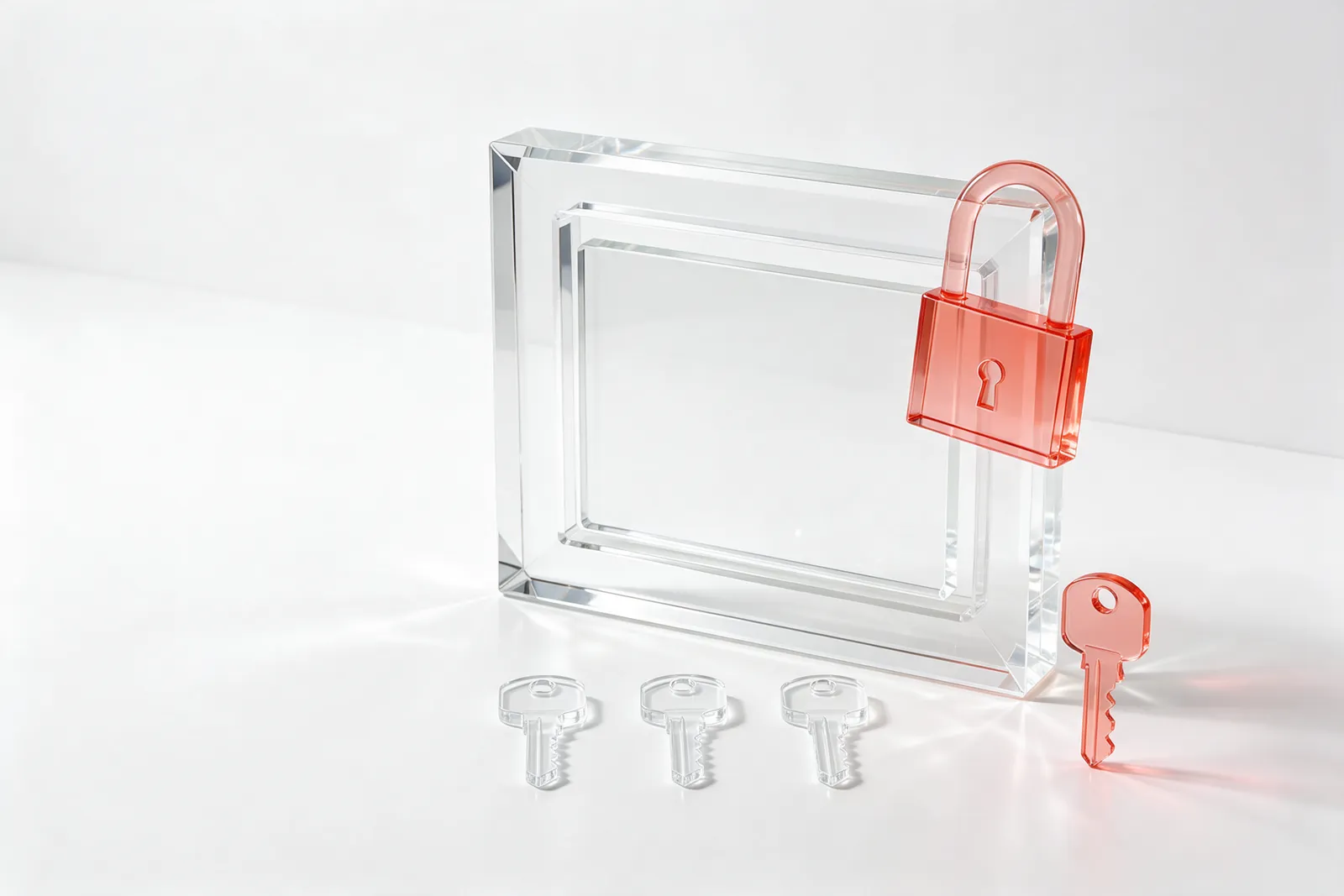 A clear glass document in a frame with an open coral-red padlock and a row of glass keys: who may open the link.